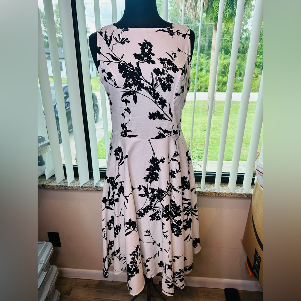 Anni Coco Floral Black and White A-Line Poplin Dress Size Medium